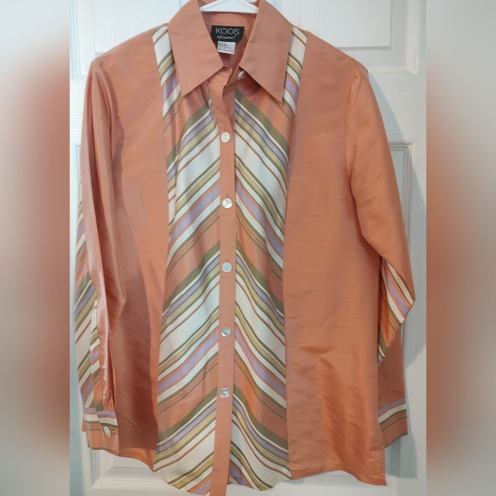 Vintage Koos of Course Iridescent Pink  Stripe Silk Shirt Wearable Art 70s Retro